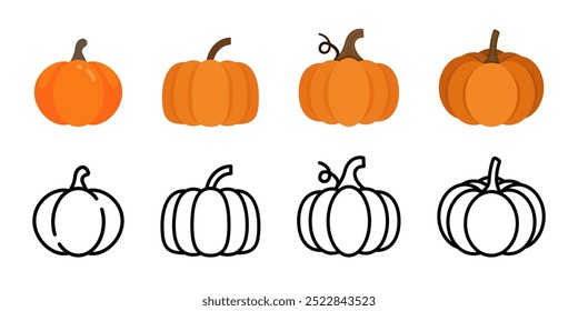 Conjunto de iconos de calabaza. Símbolo de la cosecha de otoño. Ilustración vectorial de calabaza de Acción de Gracias o Halloween. Concepto de cultivo de octubre. Arte de Clip de decoración de verduras de color naranja aislado.