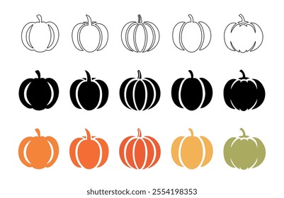 Pumpkin icon set with diverse styles in outline, silhouette, and colored variations. Isolated on white background. Concept of autumn harvest, Thanksgiving, Halloween decoration, seasonal design.