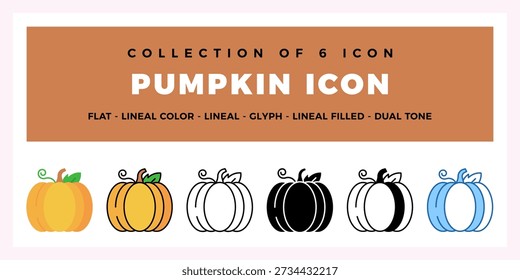 Conjunto de iconos de calabaza plana. Lineal. Estilos de glifo y doble tono