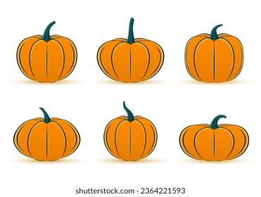 Pumpkin icon set. Halloween, thanksgiving, autumn or harvest symbols. Cute cartoon vegetables. Orange gourd collection. Vector illustration.