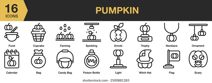 Conjunto de iconos de calabaza. Incluye bolso, cupcake, adorno, miedo, agricultura, bolso del caramelo, y más. Colección de Vector de iconos de contorno.