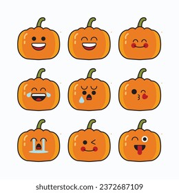 Pumpkin icon set vector emoticon. Cute emoji pumpkin with face. Pumpkin Illustration of cute emoji with various expressions. Pumpkin, flat cartoon style.