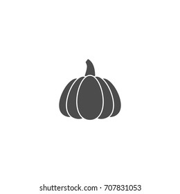 Pumpkin Icon with stem. Black gourd label. Halloween sticker isolated on white. Vector illustration. Autumn harvest clip art.