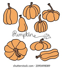 Pumpkin icon vector illustration set and handdrawn lettering. Autumn Halloween or Thanksgiving pumpkin symbol in flat design, simple, outline silhouette isolated on white background