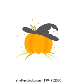 Pumpkin icon with witch hat, grass and fireflies. Orange gourd label. Halloween sticker isolated on white. Vector illustration. Autumn harvest clip art.