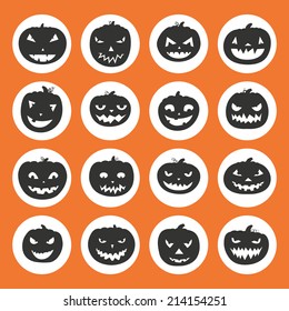 Pumpkin icons with scary faces. Vector halloween illustration. Horror creatures. Halloween party symbols.
