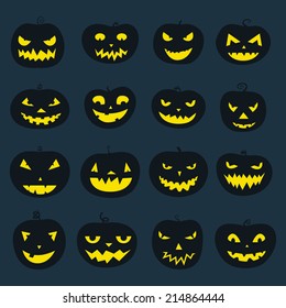 Pumpkin icons with scary faces. Vector halloween illustration. Horror creatures. Halloween party symbols.