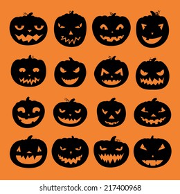 Pumpkin icons with scary faces. Vector halloween illustration. Horror creatures. Halloween party symbols.