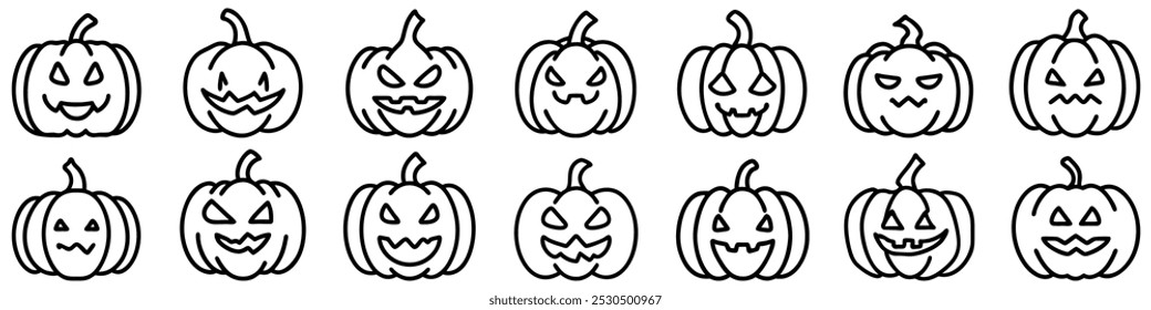Kürbissymbole eingestellt. Schwarz gezeichnete lineare Halloween Kürbis Ikone, perfekt für Halloween und Herbst Themen. Vektorgrafik