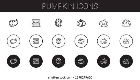 pumpkin icons set. Collection of pumpkin with cornucopia, vegetables, pilgrim, pie. Editable and scalable pumpkin icons.