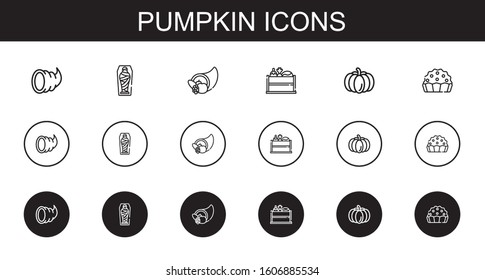 pumpkin icons set. Collection of pumpkin with cornucopia, mummy, vegetable, pie. Editable and scalable pumpkin icons.