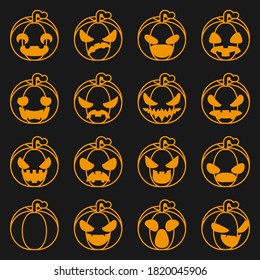 Pumpkin icons set halloween decoration scary faces smile emoji lineart vector design illustration