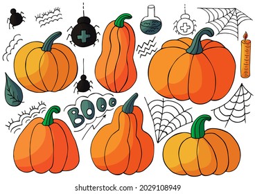 Iconos de calabaza ajustados en estilo de dibujo a mano. Colección de ilustraciones vectoriales para el diseño de Halloween