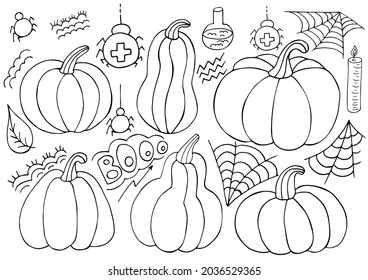 Pumpkin icons set in hand draw style. Collection of vector illustrations for Halloween design