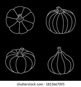 Pumpkin icons set. Isolated white contour on a black background. Simple style. Vector illustration. Great for additional designs, banners, postcards, prints, textiles, logos, and other creative ideas.