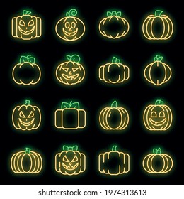 Pumpkin icons set. Outline set of pumpkin vector icons neon color on black
