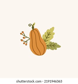 Pumpkin illustration, autumn composition with berries and leaves. Harvest, thanksgiving card. Cute fall elements. Vector design. 