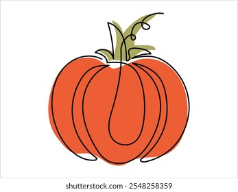 Ilustração de abóbora em estilo de desenho contínuo de uma linha com folhas verdes, isoladas em um fundo branco. Conceito de outono, época de colheita, Decoração de Halloween, Ação de Graças, arte de linha minimalista