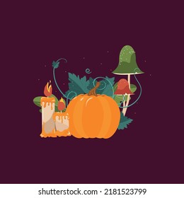 Pumpkin illustration on purple background. Vector drawing for Halloween orange pumpkin with leaves and stems. Two candles lit and two mushrooms green and red.  Illustration for All Saints Day decorati