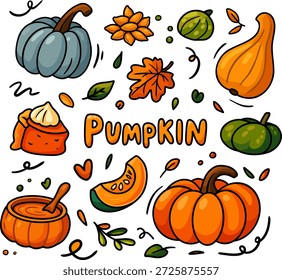 Kürbis Illustrationssatz mit verschiedenen Kürbisformen, Blättern und Herbstelementen. Handgezeichnete Flachdoodle-Style-Saisongrafik für Herbst-, Ernte- und Halloween-Designkonzepte.