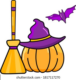 
pumpkin illustration vector using witch hat and broom, perfect for Halloween celebration design materials, flyers and more