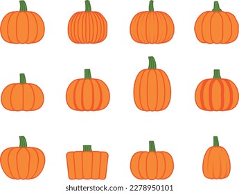 Pumpkin illustrations set seen from the front of various shapes. orange color line drawing.