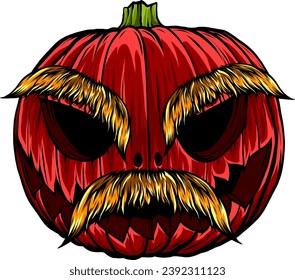 Pumpkin in the image of a hipster with mustache. Vector illustration on white background