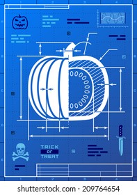 Pumpkin image like blueprint drawing. Stylized drafting of squash on blueprint paper. Vector illustration for halloween, agriculture, vegetables, thanksgiving, cooking, gastronomy, olericulture, etc