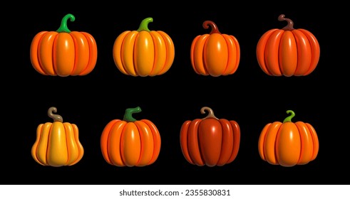 Pumpkin inflatable, halloween squash, fall harvest gourds. Inflated pumpkins, squash and leaves vector symbols illustrations. Autumn thanksgiving and halloween pumpkins collection. Vector illustration