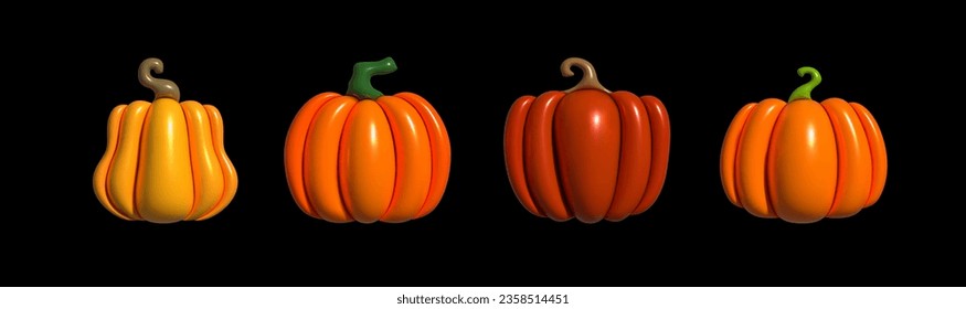 Pumpkin inflatable icons set. Sign kit of halloween. Thanksgiving pictogram collection farm harvest, vegetable. Inflated 3D pumpkin colorful icon symbol. Vector Illustration