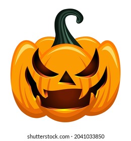 Calabaza aislada sobre fondo blanco. Calabaza de Halloween con cara de emoción, caricatura vectorial naranja de Halloween, ilustración vectorial para diseño de decoración, postales, banner.