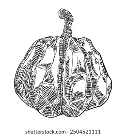 Pumpkin isolated on a white background. Ink hand drawn sketch of pumpkin or butternut squash and gourd. Symbols for agriculture harvest and Thanksgiving or Halloween holidays decoration. Vector.