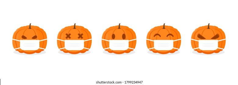 Pumpkin Isolated on white background.Orange Pumpkin on Halloween day. Pumpkin wearing mask. Germ prevention concept. Vector illustration.