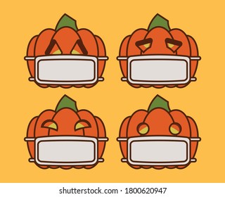 Pumpkin Isolated on yellow background. Pumpkin wearing face mask. Virus, Germ prevention concept. Halloween 2020 Vector illustration. Pumpkins with different expressions