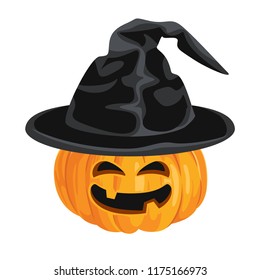 Pumpkin Jack in black hat. Vector illustration isolated on white. Cartoon and flat style icon. Happy Halloween.