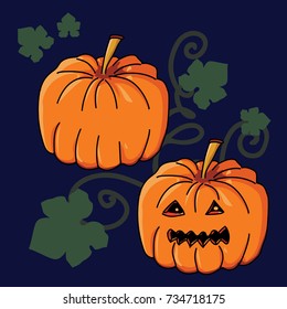 Pumpkin Jack With Carved Halloween Face, Leaves And Stables On Dark Blue Background