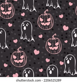 Pumpkin Jack and ghosts. Halloween. Seamless pattern, vector illustration