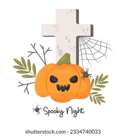 Pumpkin Jack with grave cross with cobwebs and spider. Halloween card Spooky Night. Vector illustration with cartoon style for holiday design, postcards