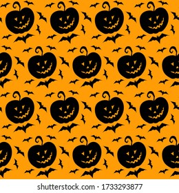 Pumpkin jack lantern and bat vector seamless pattern. Black silhouette of seamless texture. Spooky Halloween. Textile, wrapping paper, wallpaper design, packaging. Orange and black color. Illustration