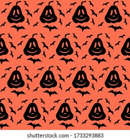 Pumpkin jack lantern and bat vector seamless pattern. Black silhouette of seamless texture. Spooky Halloween. Textile, wrapping paper, wallpaper design, packaging. Orange and black color. Illustration