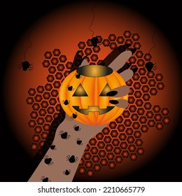 Pumpkin jack lantern with glowing eyes in the hand of a witch with long nails and piders on a style geometric background. Halloween concept. Design print on shirt.