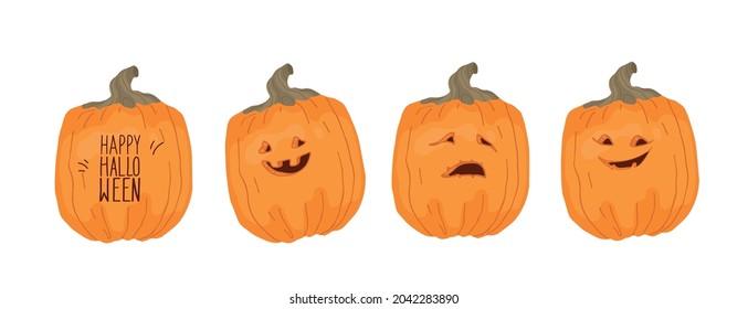 Pumpkin, Jack the lantern set. Autumn decorative design, Halloween. Isolated vector colorful element on a white background.