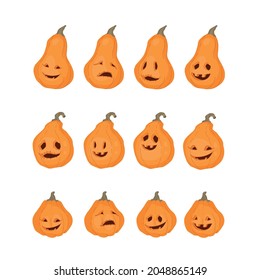 Pumpkin, Jack the lantern set. Autumn decorative design, Halloween. Isolated vector colorful element on a white background.