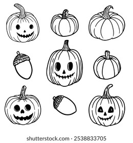 Calabaza y Jack O Lantern Icon Set con bellotas - Vector espeluznante y lindo