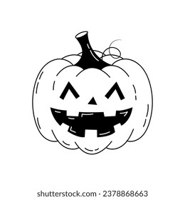 Pumpkin jack o lantern in line art stule. Smiling sinister pumpkin for Halloween. Vegetable icon in doodle style on isolated white background. Vector stock illustration