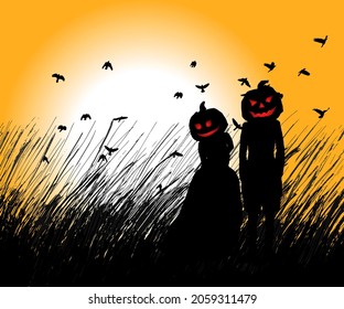 A pumpkin jack o lantern scarecrow couple in a grassy plantation field with glowing eye and flying crows for Halloween concept. Hand drawn vector illustration. 