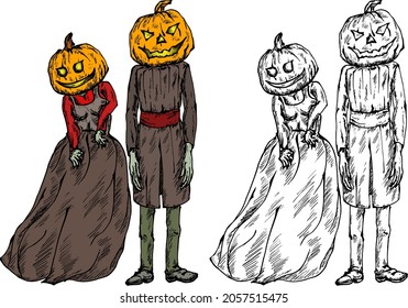 Pumpkin jack o lantern scary couple for Halloween concept. Hand drawn vector illustration.