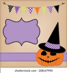 Pumpkin or jack o lantern and witches hat template or layout with bunting flags or banner, vector format