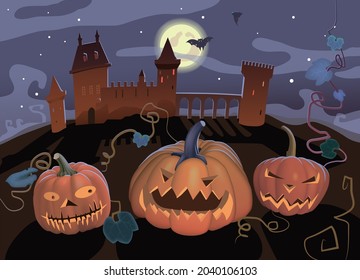 Pumpkin Jack, old castle, full moon. Vector.