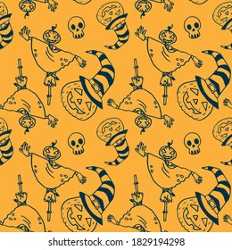 Pumpkin jack and scarecrow on yellow backdrop. Halloween seamless pattern for wallpaper, wrap paper, sleeper, bath tile, apparel or bed linen or cloth print. Doodle style stock vector illustration